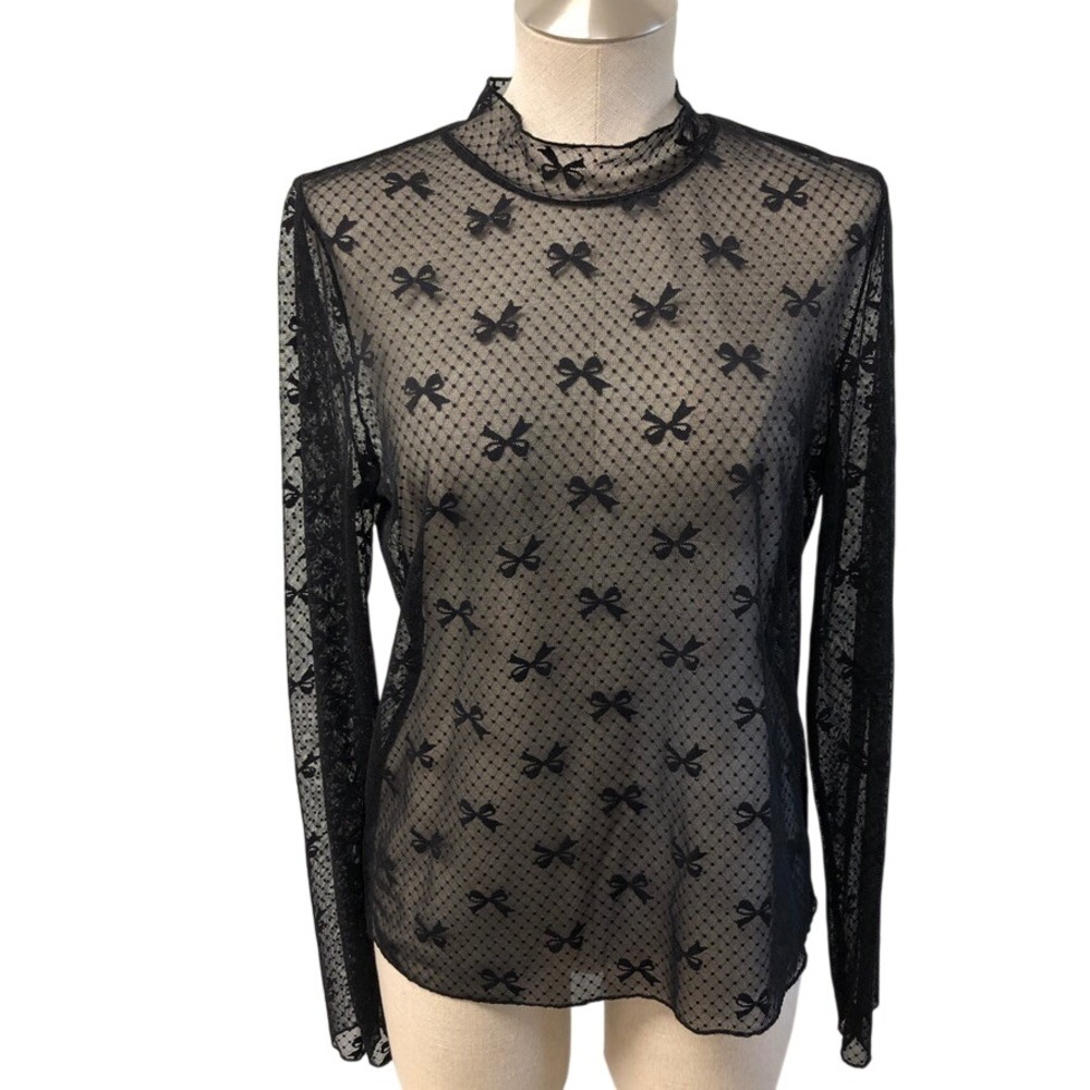 Maeve Mesh Top Womens Large Black Bow Point d'Esprit Mock Neck Sheer Blouse